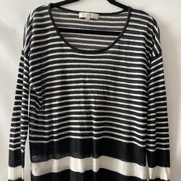 Ann Taylor Loft Womens Black Striped Pullover Sweater Thin Knit Size L - Picture 1 of 9
